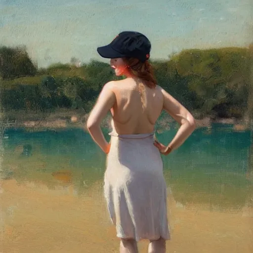 Image similar to woman with baseball cap, back view, summer dress, by paul chabas