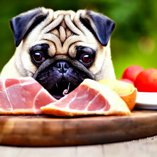 Prompt: fat pug eating a slice of ham