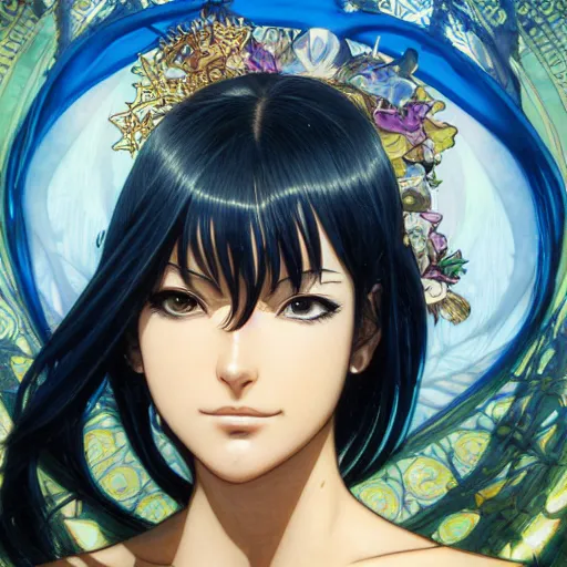 Image similar to highly detailed vfx portrait of nico robin by eiichiro oda!, makoto shinkai, alphonse mucha, sharp focus, art by artgerm and greg rutkowski!, backlit, harsh overhead sunlight, blue eyes!!, large aquiline nose!!, stanley kybric, kaoru mori, shadows, best of behance,