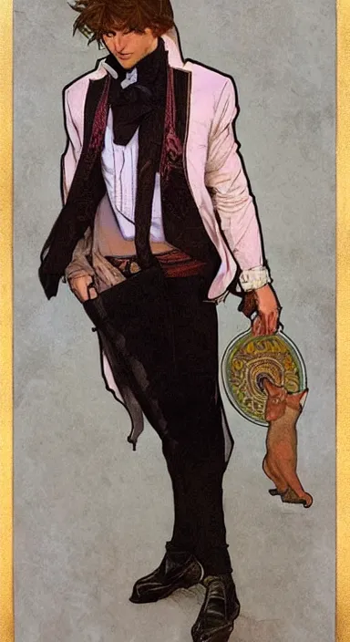 Image similar to Full body portrait of a pretty cat boy in his twenties in fancy clothes. Art by Greg Rutkowski and Alphonse Mucha