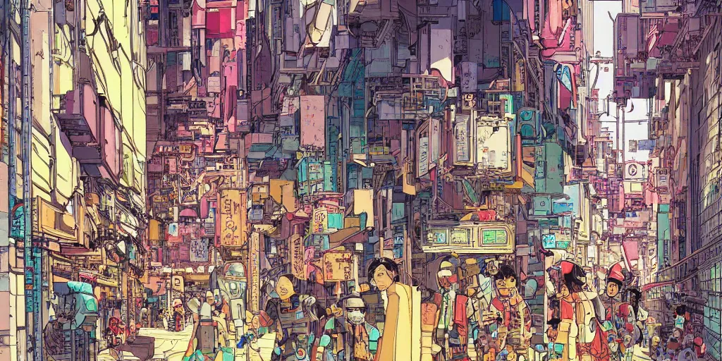 Image similar to a cyberpunk hong kong alley with robots and humans walking around by moebius, takashi murakami color palette, clear details