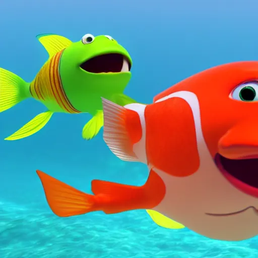 Image similar to a 3d render of two fish underwater, with a boat on top of the sea , in the style of a pixar cartoon, disney cartoon