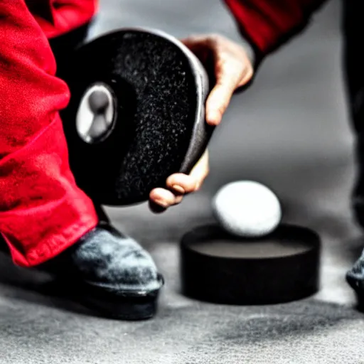 Prompt: photo man with hockey puck instead of head, realistic, cinematic, high detail