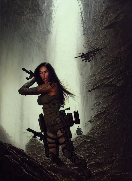 Image similar to closeup portrait shot of megan fox swat team soldier in a scenic dystopian environment, intricate, elegant, highly detailed, centered, digital painting, artstation, concept art, smooth, sharp focus, illustration, artgerm, tomasz alen kopera, peter mohrbacher, donato giancola, joseph christian leyendecker, wlop, boris vallejo