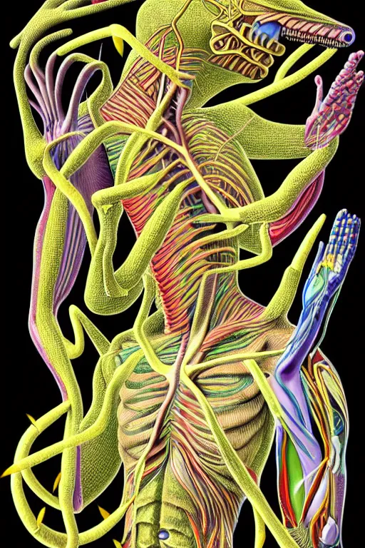 Prompt: psychedelic anatomically accurate labeled diagram of alien animal, intricate parts, fine details, hyper realistic, elegant minimalist, by seichen, surreal