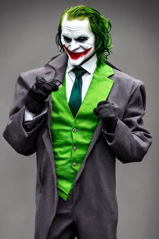 Prompt: Joker with smile and green hair wearing vader's armor suit, realistic cosplay, full character, highly detailed, highly realistic