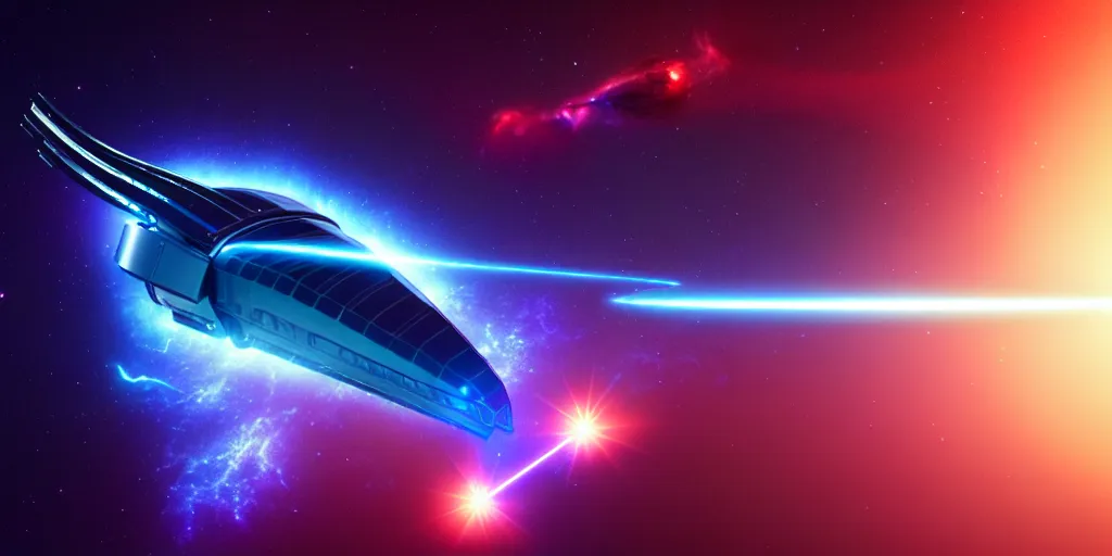 Image similar to A hi-tech chrome-plated curve-shaped long combat spaceship with blue laser weapons flying to the Earth through a blue space nebula, realistic 4k octane beautifully detailed render, 4k post-processing, highly detailed, intricate complexity, epic composition, magical atmosphere, cinematic lighting, masterpiece, ultra hd