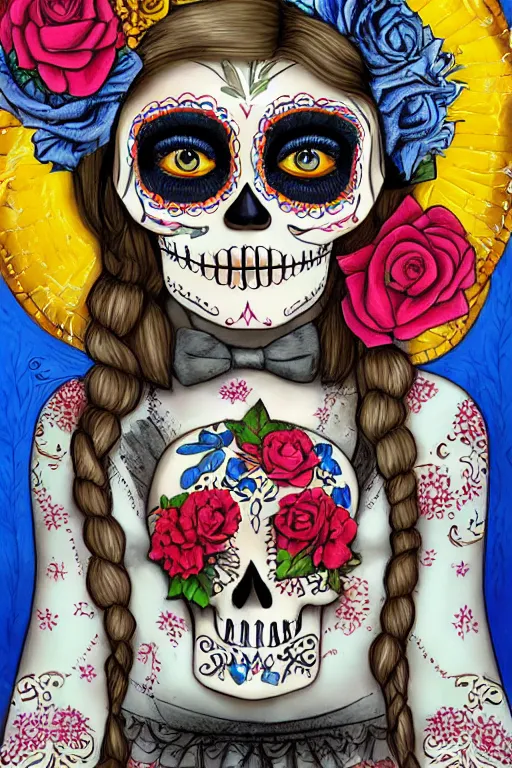 Prompt: Illustration of a sugar skull day of the dead girl, art by tom chambers