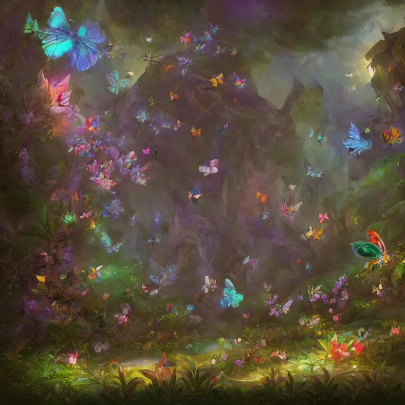 Prompt: a whimsical painting of fairies and butterflies with iridescent wings in a prehistoric garden world. dark atmosphere. soft light. just before dawn. fantasy art. trending on artstation