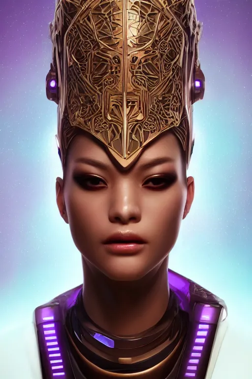 Image similar to beautiful portrait of friendly attractive alien cyborg, style of Feng Zhu, Artstation geometric, aesthetic, smooth skin, unique features, symmetrical, intricate crown, high fashion, streetwear, cyberpunk, detailed, octane render, cinematic, 8k, purple skin, brown skin