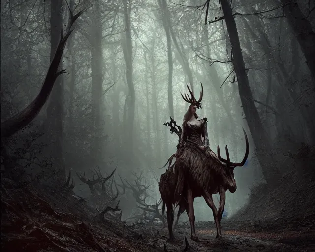 Prompt: 5 5 mm portrait photo of an armored demonic blond woman with antlers, in a magical forest. dark atmosphere. art by greg rutkowski. highly detailed 8 k. intricate. lifelike. soft light. nikon d 8 5 0.