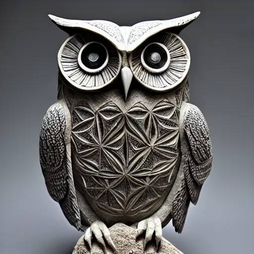 Prompt: symmetrical detailed sculpture of an owl, made of Kyber