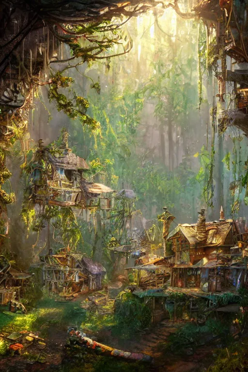 Prompt: a cheerful and whimsical ramshackle multistory hut in the woods, intricate, elegant, fantasy, highly detailed, digital painting, concept art, sharp focus, illustration, beautiful volumetric lighting, beams of light, epic light, artstation, magic hour lighting, colorful, sunshine, spring, art by Bill Watterson