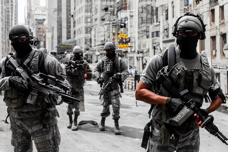 Image similar to Mercenary Special Forces soldiers in grey uniforms with black armored vest and helmets in urban warfare in New York 2022, Canon EOS R3, f/1.4, ISO 200, 1/160s, 8K, RAW, unedited, symmetrical balance, in-frame, combat photography