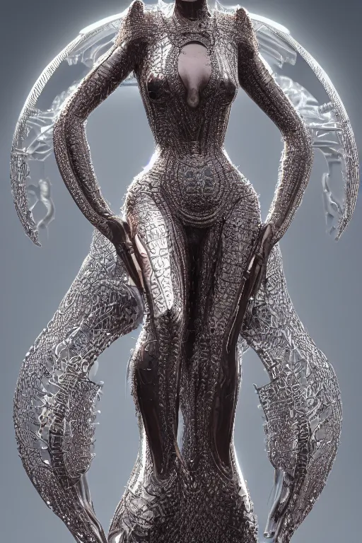 Prompt: a highly detailed medium shot 4 k render of an alien goddess bella hadid in iris van herpen dress schiaparelli armor in diamonds and lots of jewelry in style of alphonse mucha trending on artstation made in unreal engine 4