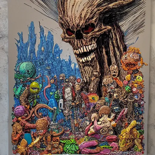 Image similar to crayon art by geof darrow tumultuous. in the center of the photograph is a large gateway that seems to lead into abyss of darkness. on either side of the gateway are two figures, one a demon - like creature, the other a skeletal figure.