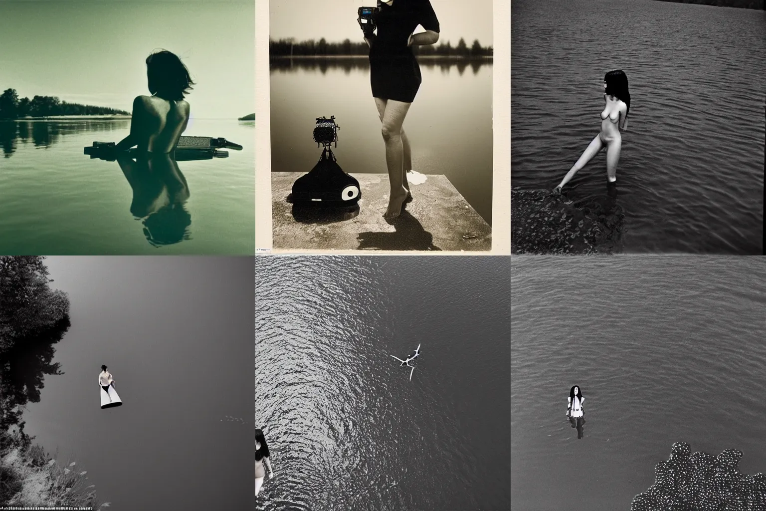 Prompt: photograph of a female model with black hair standing in lake with her drone flying beside her, in the style of daido moriyama
