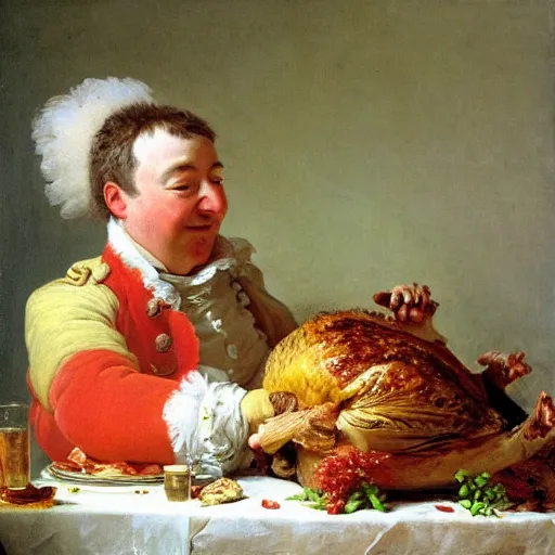 Prompt: british comedian david mitchell eats a turkey for christmas, oil on canvas, by jean honore fragonard