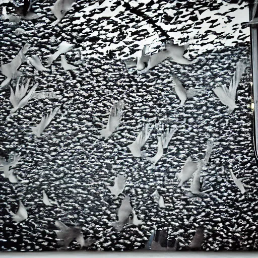 Image similar to storm of birds inside a train. trenitalia. genova. cinematic. rule if thirds. 4 k. film still.