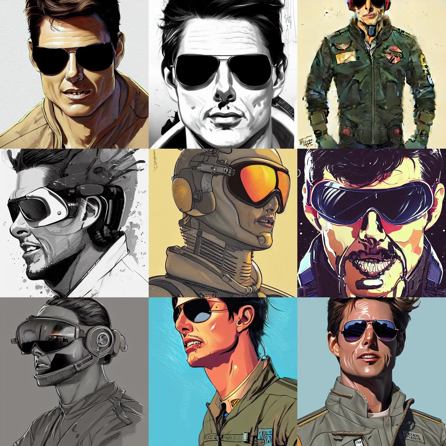 Prompt: a study of cell shaded portrait of Top Gun Tom Cruise concept art, llustration, post grunge, concept art by josan gonzales and wlop, by james jean, Victo ngai, David Rubín, Mike Mignola, Laurie Greasley, highly detailed, sharp focus, alien, Trending on Artstation, HQ, deviantart, art by artgem