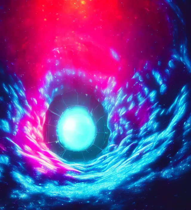 Prompt: a 3 d mesh wormhole in the middle of a nebula, dark synthwave, aesthetic mood, vintage, sci - fi, 4 k