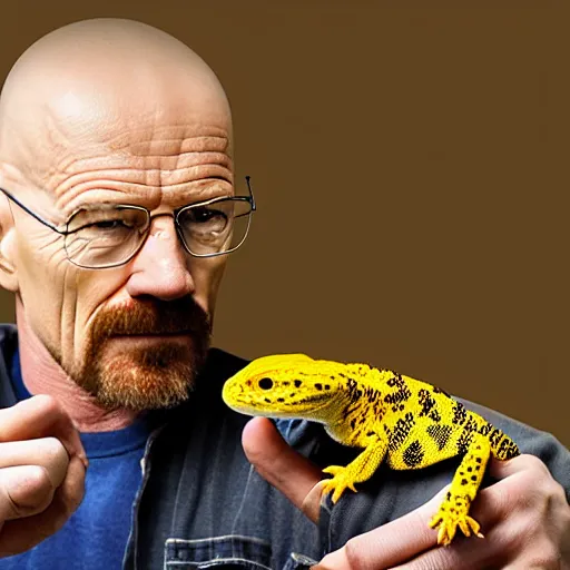 Image similar to walter white holding a leopard gecko