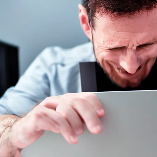 Prompt: photograph. crazed man desperately clinging to his computer's power supply unit.