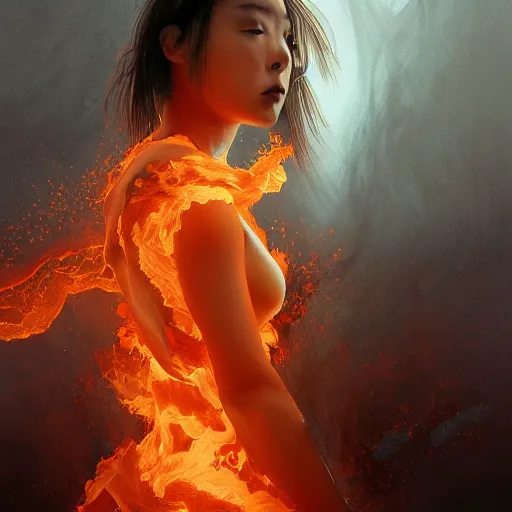 Prompt: dress made of fire, japanese woman, solemn, female, rising from ashes, high detail, high contrast, extreme close up portrait, beautiful, bokeh, storm clouds, god rays, d & d, fantasy, elegant, red yellow orange white color palette, concept art, artgem, greg rutkowski, alphonse mucha