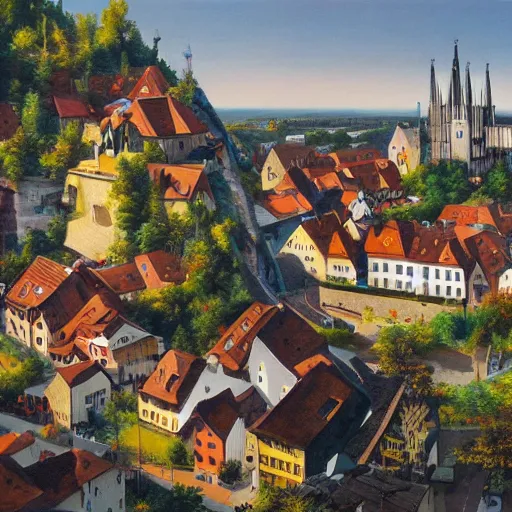 Prompt: a futuristic hyper realistic painting of ravensburg in the year 3 2 0 0 w 8 3 2