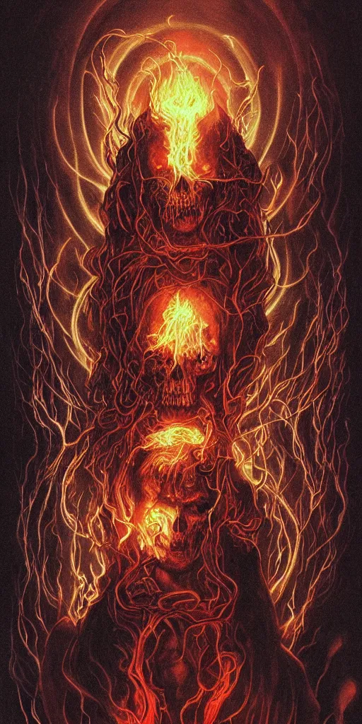 Image similar to intense glowing black metal pagan god with tentacles and intense glowing white eyes with a skull on fire in very dark void by artgerm and beksinski and alphonse mucha, portrait, fantasy, clear, fire, light beams, lens flare, intense, uhd, amazing depth, cinematic lighting, black smoke and red and intense orange and yellow sparks