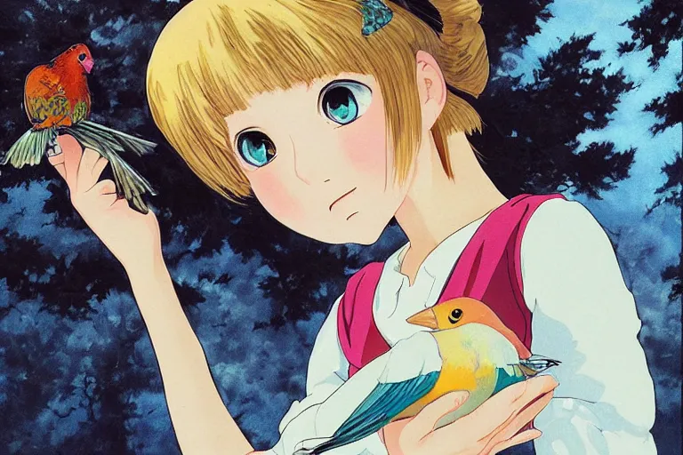 Image similar to young pretty girl holding a bird in her hands, looking touched, Fragile looking character portrait , beautiful scene; highly detailed art, by Studio Ghibli , High contrast, anime art