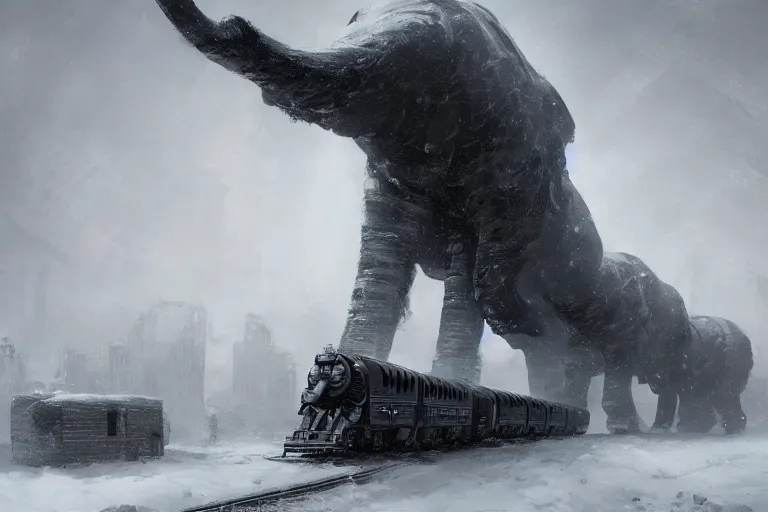 Image similar to a grand intricate futuristic black steam train next to a giant mammoth, post - apocalyptic ice landscape in snowstorm, concept art, artstation, highly detailed, digital art