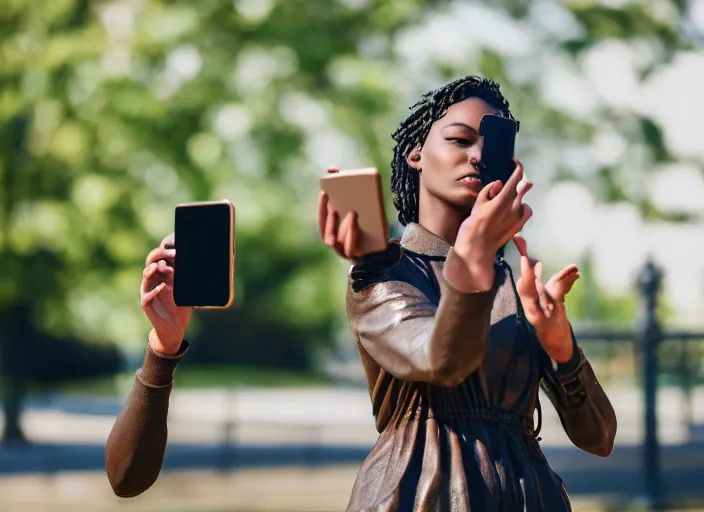 Prompt: photo still of a bronze statue of a woman using an iphone to take a selfie, in a park on a bright sunny day, 8 k 8 5 mm f 1 6