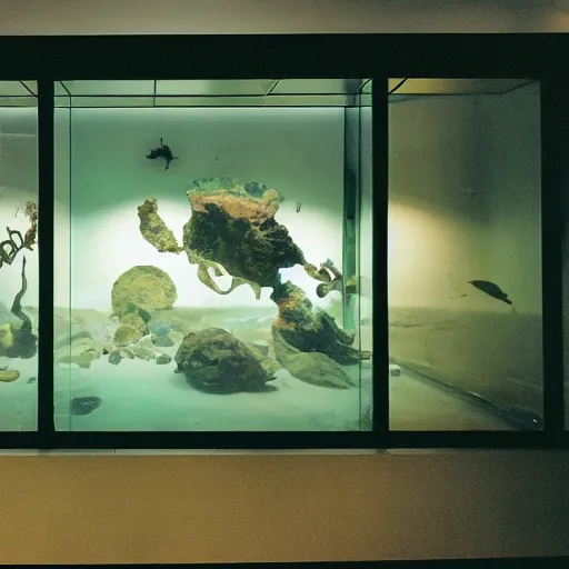 Prompt: spooky creepy liminal space, display case, aquatic exhibition science museum, dusty aquarium, computer screens, photo taken on fujifilm superia