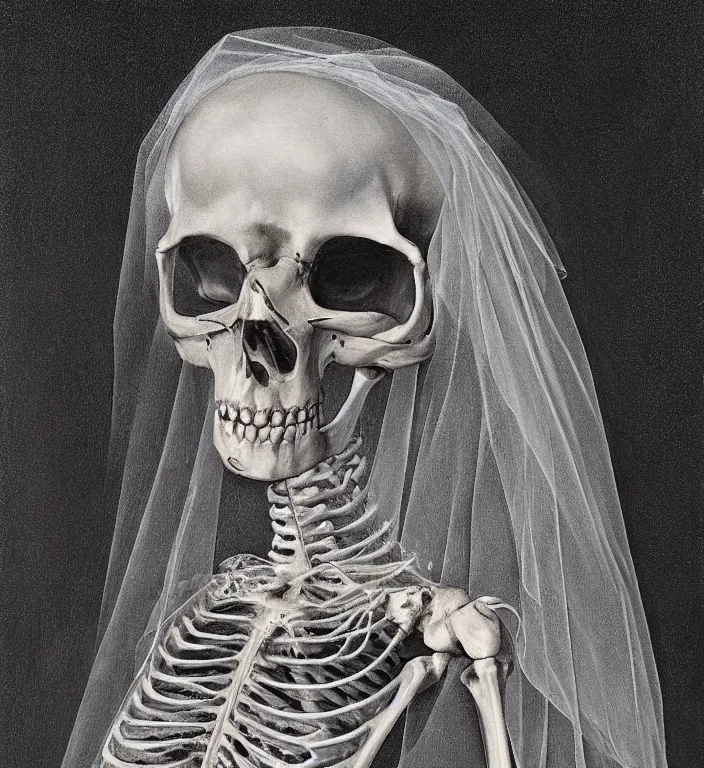 Image similar to portrait of a Bride's skeleton in veil by Laurie Lipton, high detailed, realistic,dark surrealism, hyper detailed