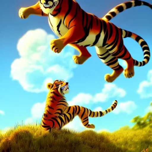 Prompt: a wholesome animation key shot of a tiger fighting a lion, studio ghibli, pixar and disney animation, sharp, rendered in unreal engine 5, anime key art by greg rutkowski, bloom, dramatic lighting