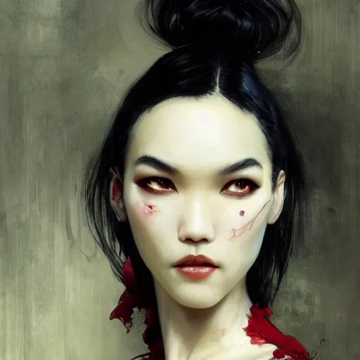 Image similar to detailed cinematic wide shot of beautiful attractive tao okamoto asian vampire woman slim face symettrical face clean skin black eyes black robe smooth, sharp focus, ultra realistic, spring light, painting by gaston bussiere, craig mullins, j. c. leyendecker