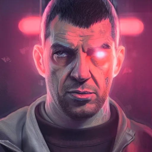 Image similar to disgusting portrait of a niko bellic, art by wlop and artgerm and liam wong, cyberpunk, neon, intricate details, trending on artstation, sharp focus, caustics, octane render, radiant light, 4 k