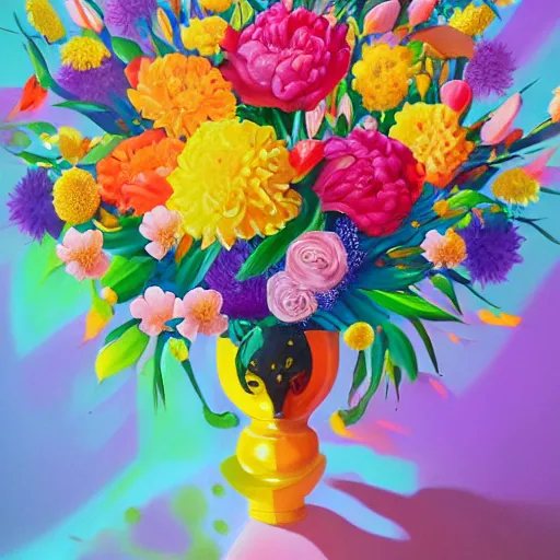 Image similar to a bouquet of colorful flowers, large opaque blossoms, light and shadow, glowing, vivid, detailed painting, by Ross Tran, Tomokazu Matsuyama, Neysa McMein, Dan Santat, masterpiece, award winning painting