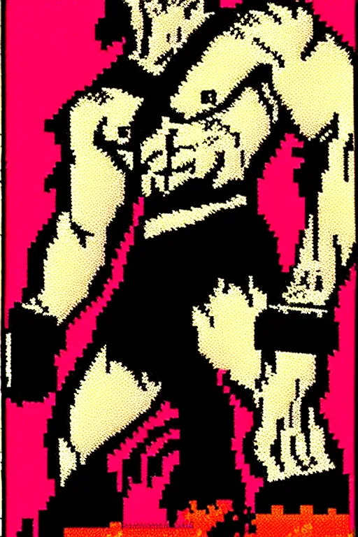 Image similar to extreme long shot. 8 bit nes graphics. hermann nitschantropomorphic muscular masculine wolf. kickboxer fighter, in shorts. wolf head. art from nes game cartridge,