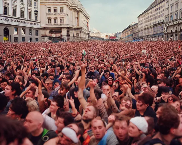 Image similar to crowd in vienna rage against mecha zack de la rocha with a broken leg, shot on kodak portra 4 0 0 3 5 mm film