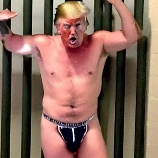 Prompt: photo of donald trump in jail in underwear, shared cell, looking sad