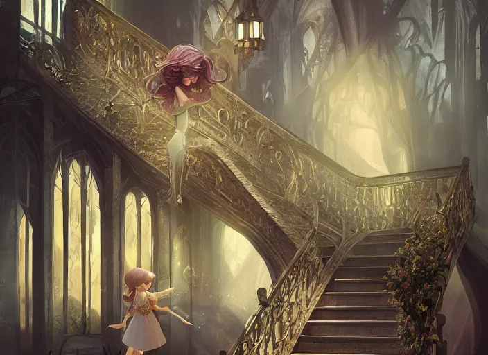 Prompt: a princess runing down a stair, magical, crystal, detailed, night, 3 d, octance render, by wlop, dark academia