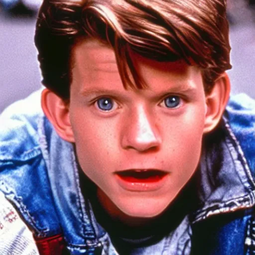 Image similar to Still of Tom Holland as Marty mcfly in back to The Future 1985 movie