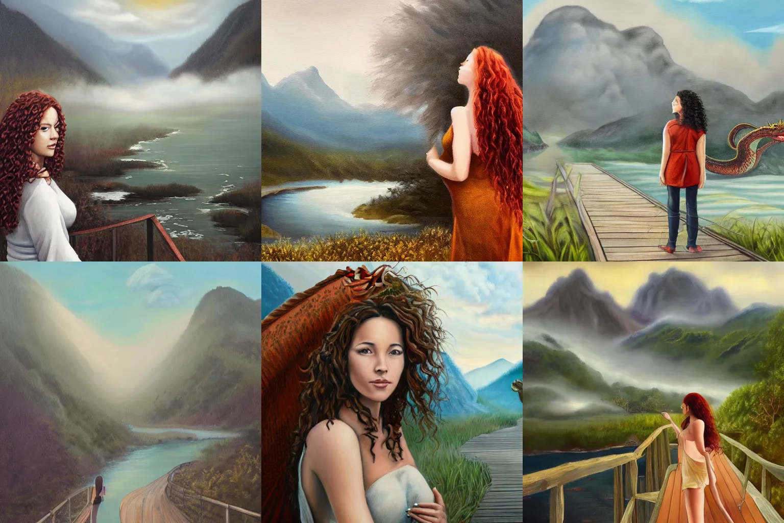 Prompt: a realistic painting of a woman with curly long redhair standing in a boardwalk besides a river looking at a dragon in the mountains that is covered by a fog in a thunderous weather