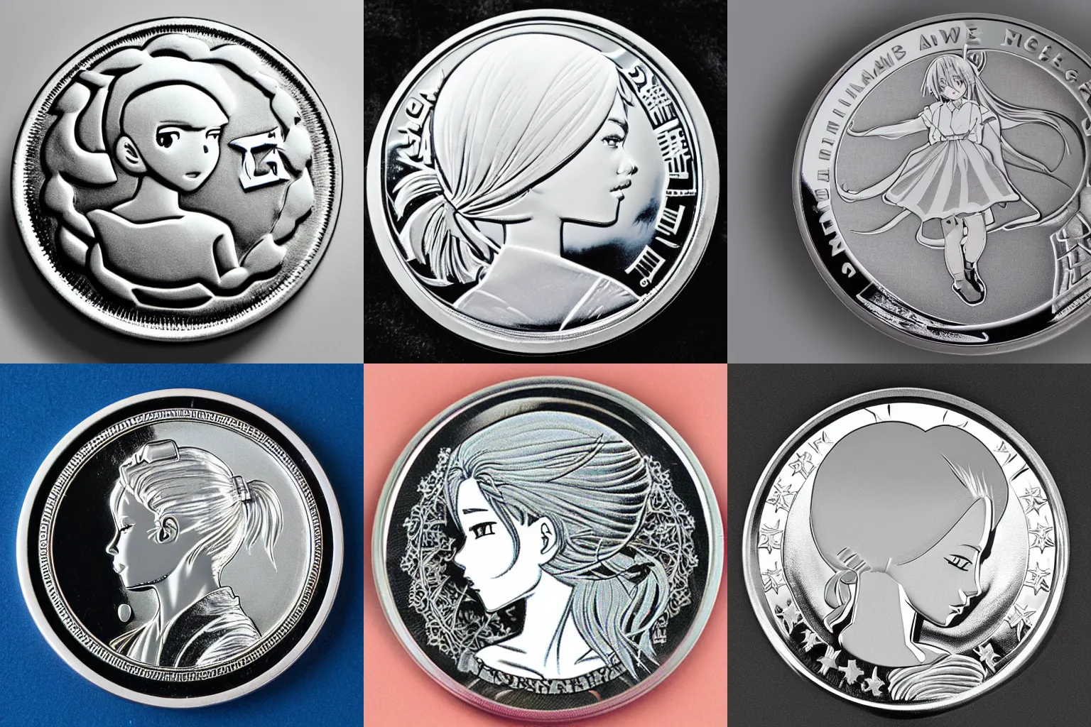 Prompt: silver coin embossed with anime girl, photograph