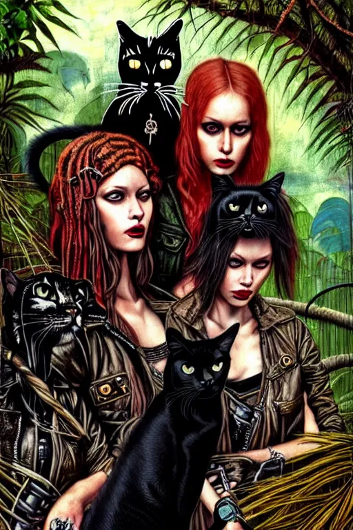 Image similar to punk rock girls making selfie with black cats in jungle , 1980 style, mad max jacket, post apocalyptic, Cyberpunk, renaissance, Gothic, mystic, highly detailed, digital painting, 4k, oil painting by Leonardo Da Vinci, hyper realistic style, fantasy by Olga Fedorova