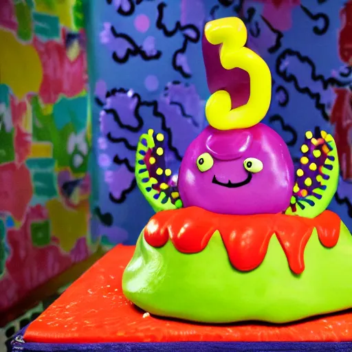 Prompt: grotesque slimy nightmare monster opens its mouth revealing a colorful birthday cake