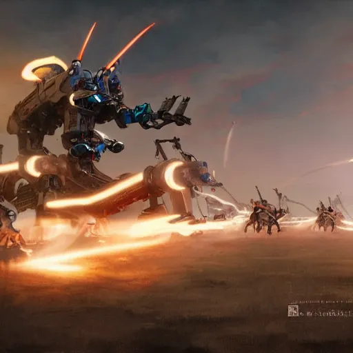 Image similar to The charge of the light brigade with robotic horses, steampunk, dramatic lighting, heavy weapons fire, energy weapons, light fog, by Makoto Shinkai and Ruan Jia