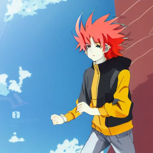 Prompt: orange - haired anime boy, 1 7 - year - old anime boy with wild spiky hair, wearing red jacket, running past colorful building, red - yellow - blue colored building, turquoise aquamarine windows, strong lighting, strong shadows, vivid hues, ultra - realistic, sharp details, subsurface scattering, intricate details, hd anime, 2 0 1 9 anime